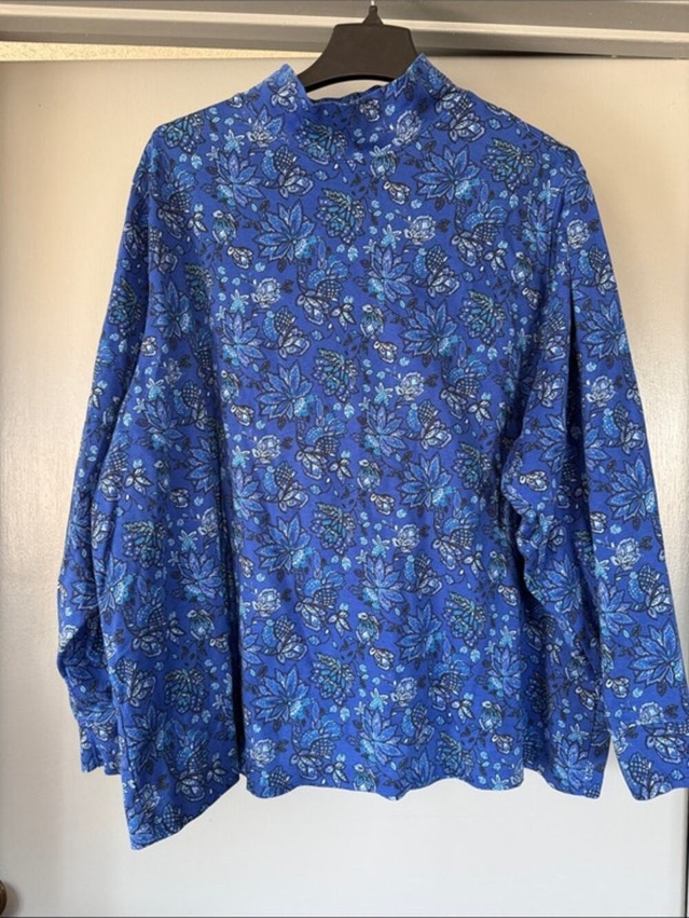 Lands End Women's Blue Floral Mock Neck Pullover Top Long Sleeves 100% Cotton 3X